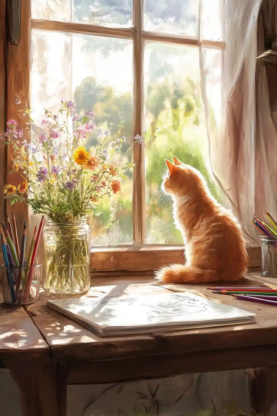 Orange cat with wildflowers on a rustic sunlit desk