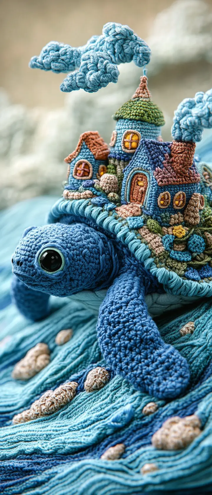 Whimsical Fiber Art Sea Turtle With Miniature Village