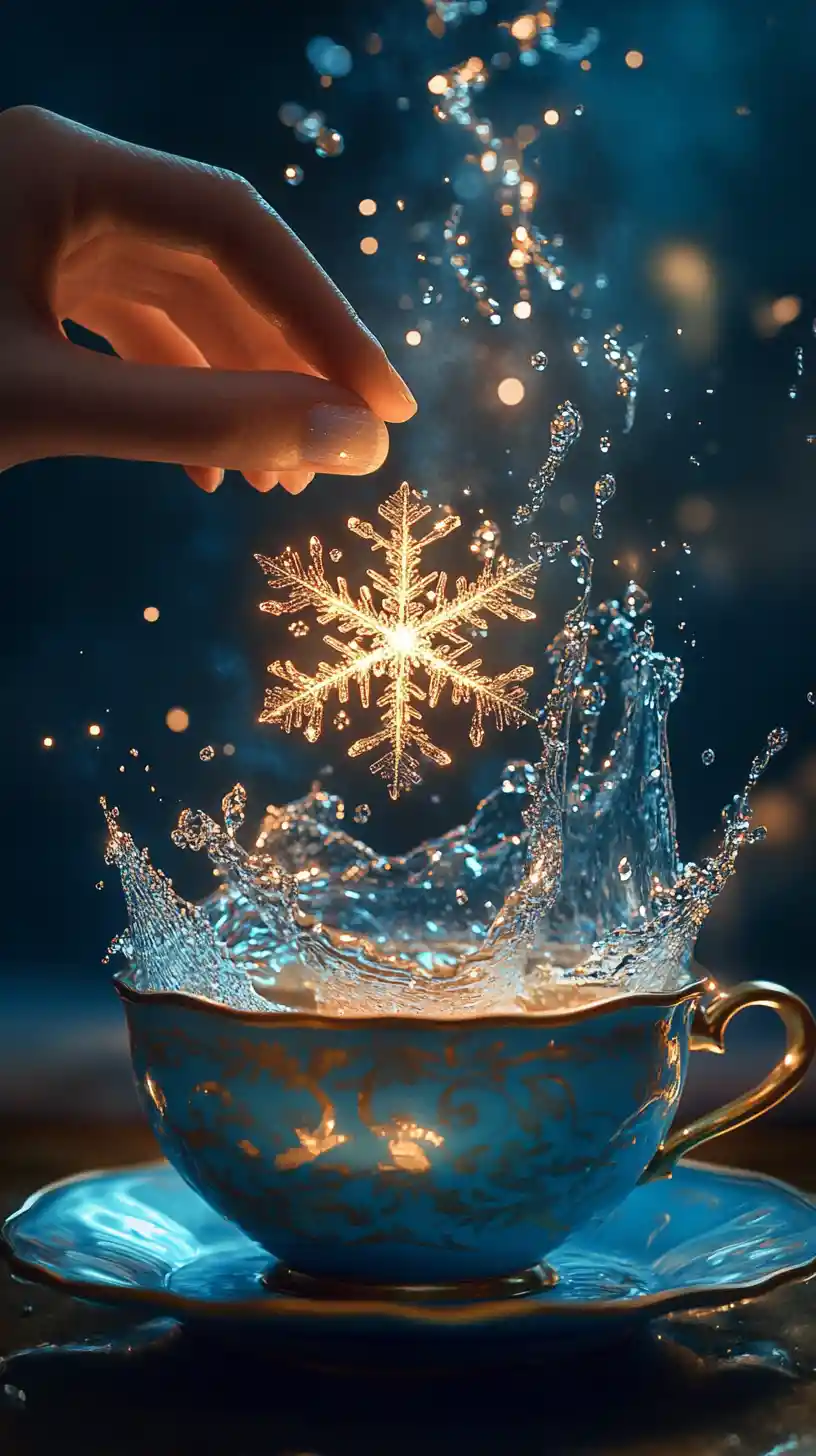 Glowing snowflake hovering above a starry blue teacup