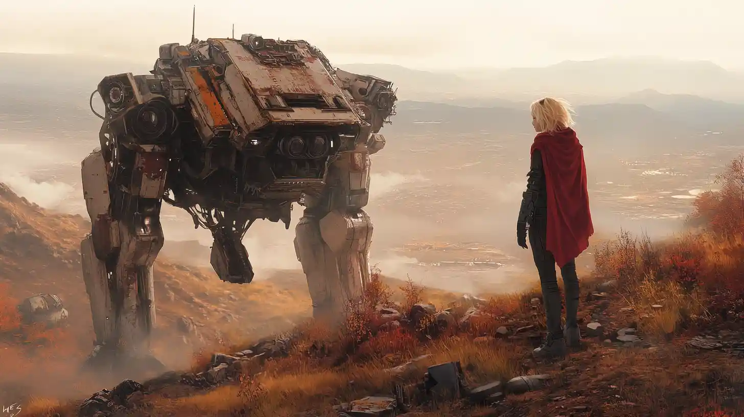 Femme blonde avec robot de science-fiction dans un paysage alien