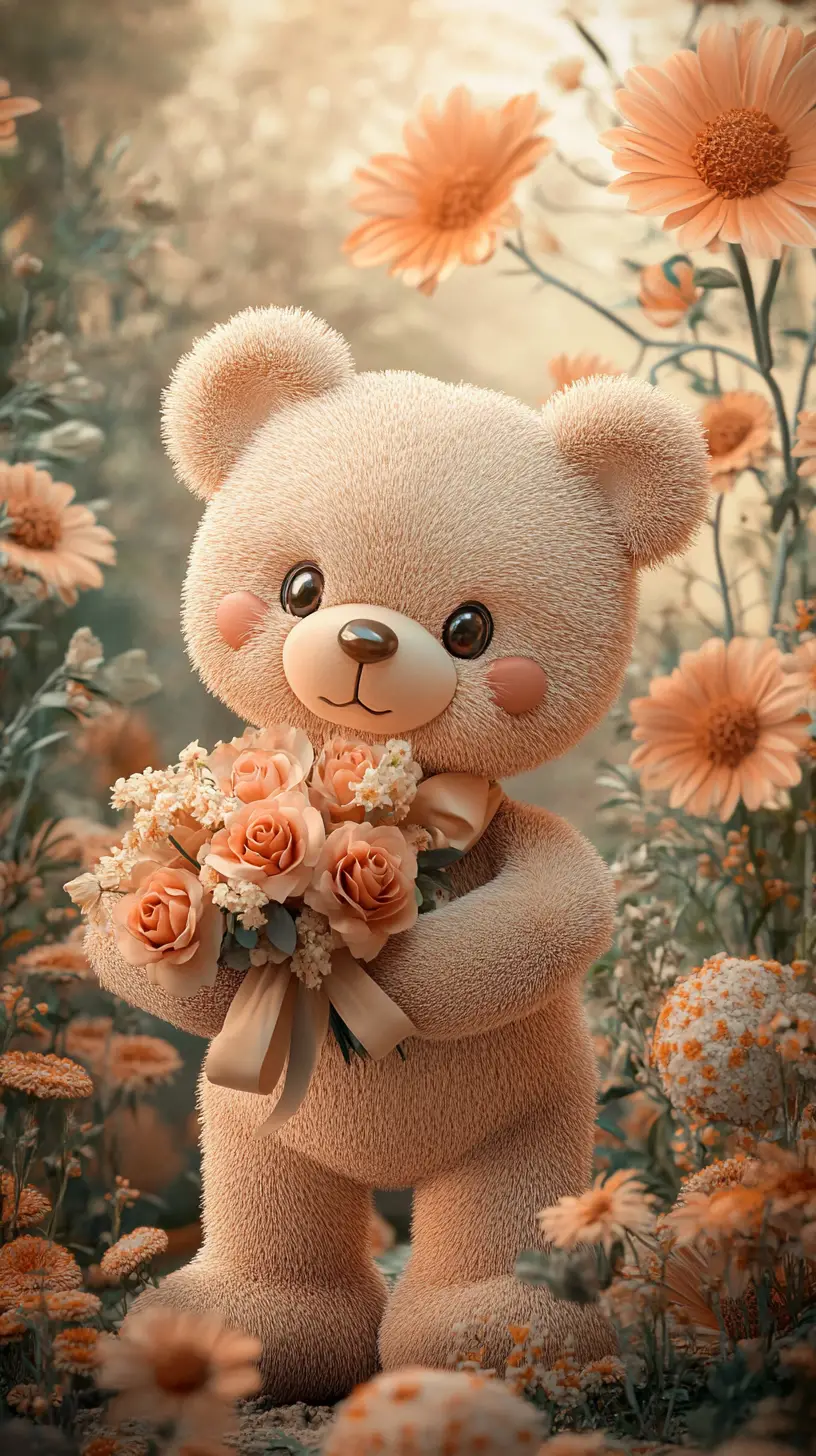 Süßer Teddybär mit Blumen in einem verspielten Fantasiegarten