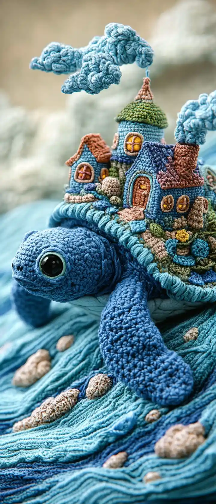 Whimsical Fiber Art Sea Turtle With Miniature Village