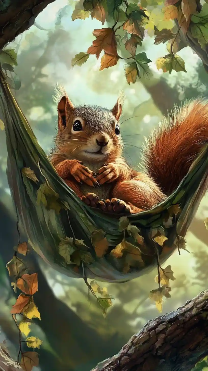 Playful squirrel resting in a leafy hammock on tree branch