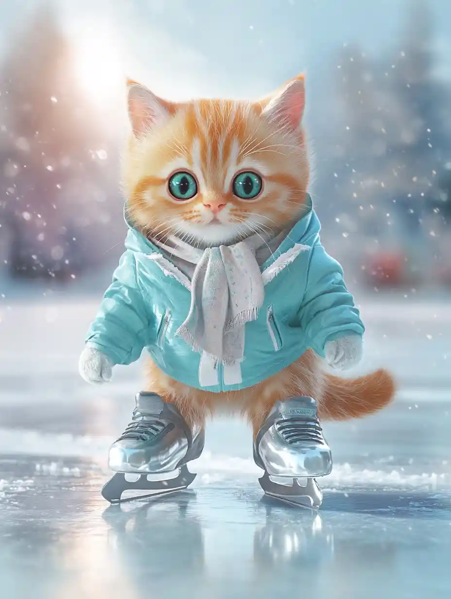 Cute orange tabby cat skating on bright ice rink