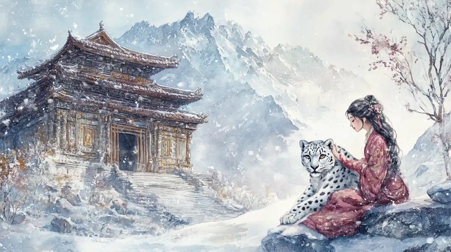 Snow leopard and snow goddess at ancient mountain temple