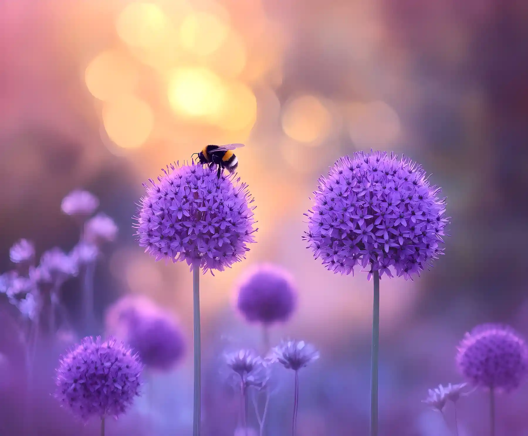 Purple allium flower with bumblebee at sunset meadow