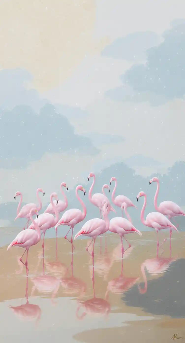 Elegant pink flamingos standing in calm reflective water