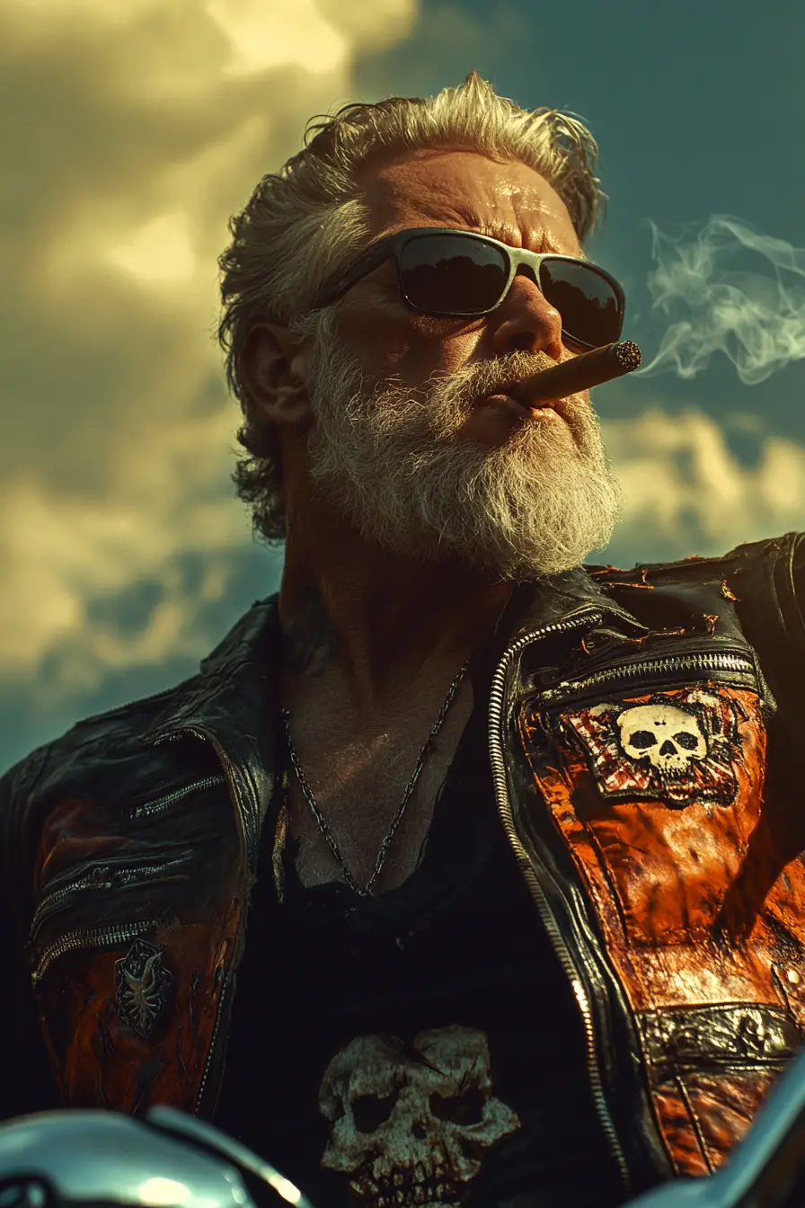 Outlaw biker smoking beside motorcycle in stormy wind