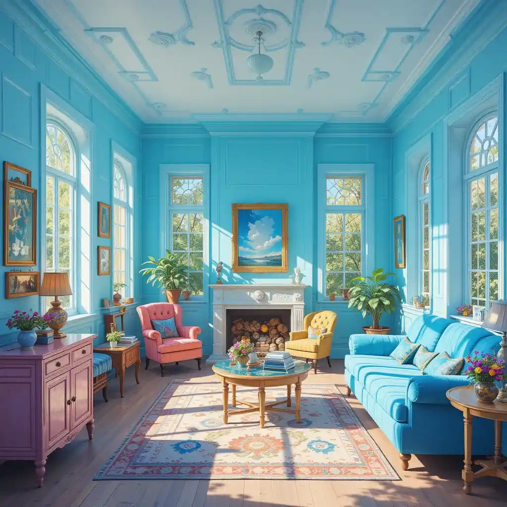 Bright blue interior room with colorful furniture and sunlight