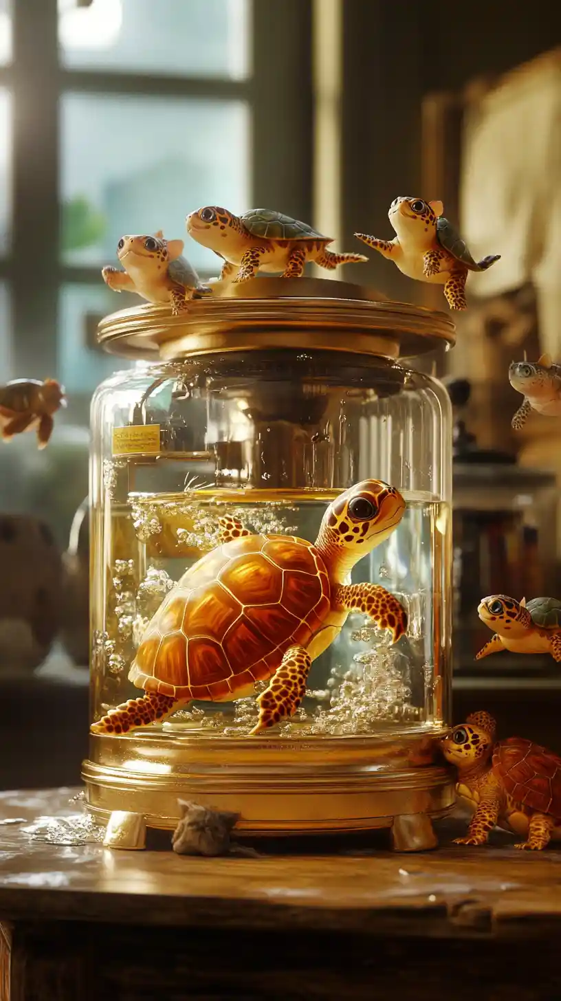 Small cat watching colorful turtles beside coffee machine