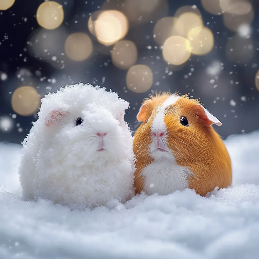 Two guinea pigs relaxing together in soft winter snow