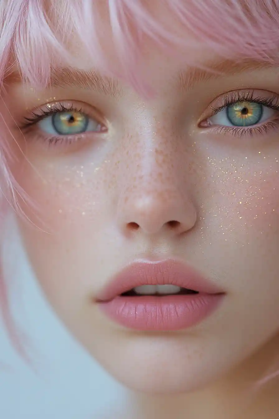 Close up portrait of girl with pastel pink hair