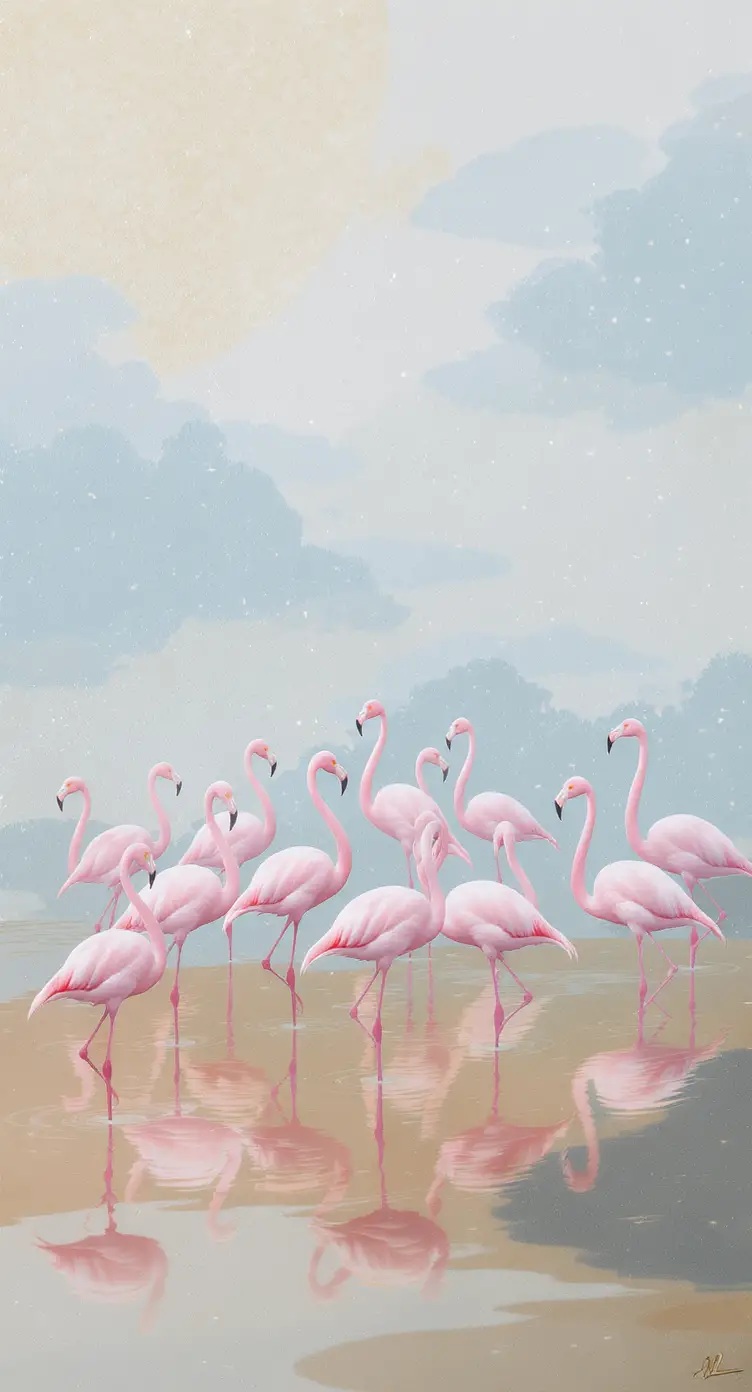 Elegant pink flamingos standing in calm reflective water