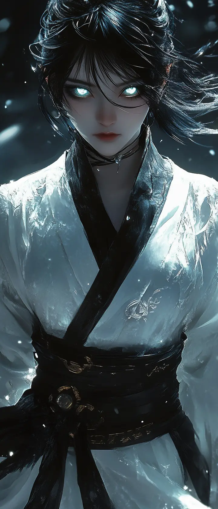 Sad 3D anime girl in glowing armor and dark void