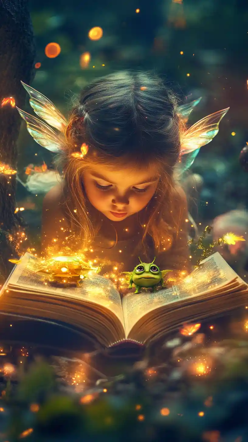 Child opening a magical book of colorful fantasy