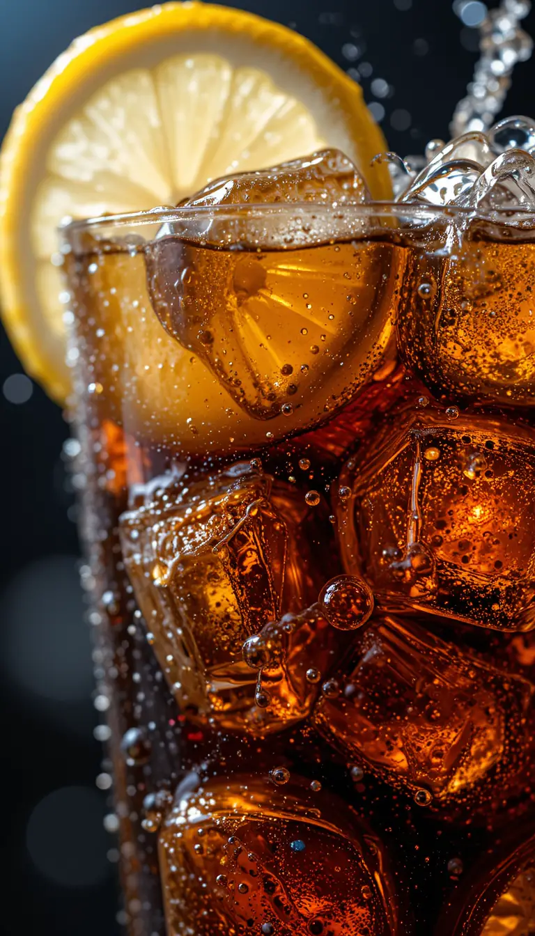 Macro close up of fizzy cola drink with lemon slice