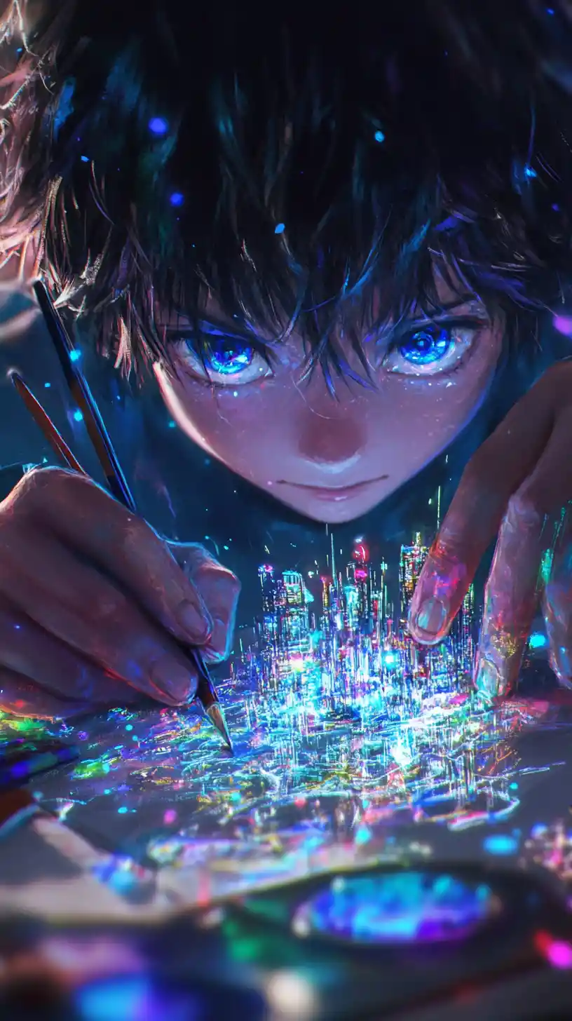 Anime boy drawing a glowing city from his notebook