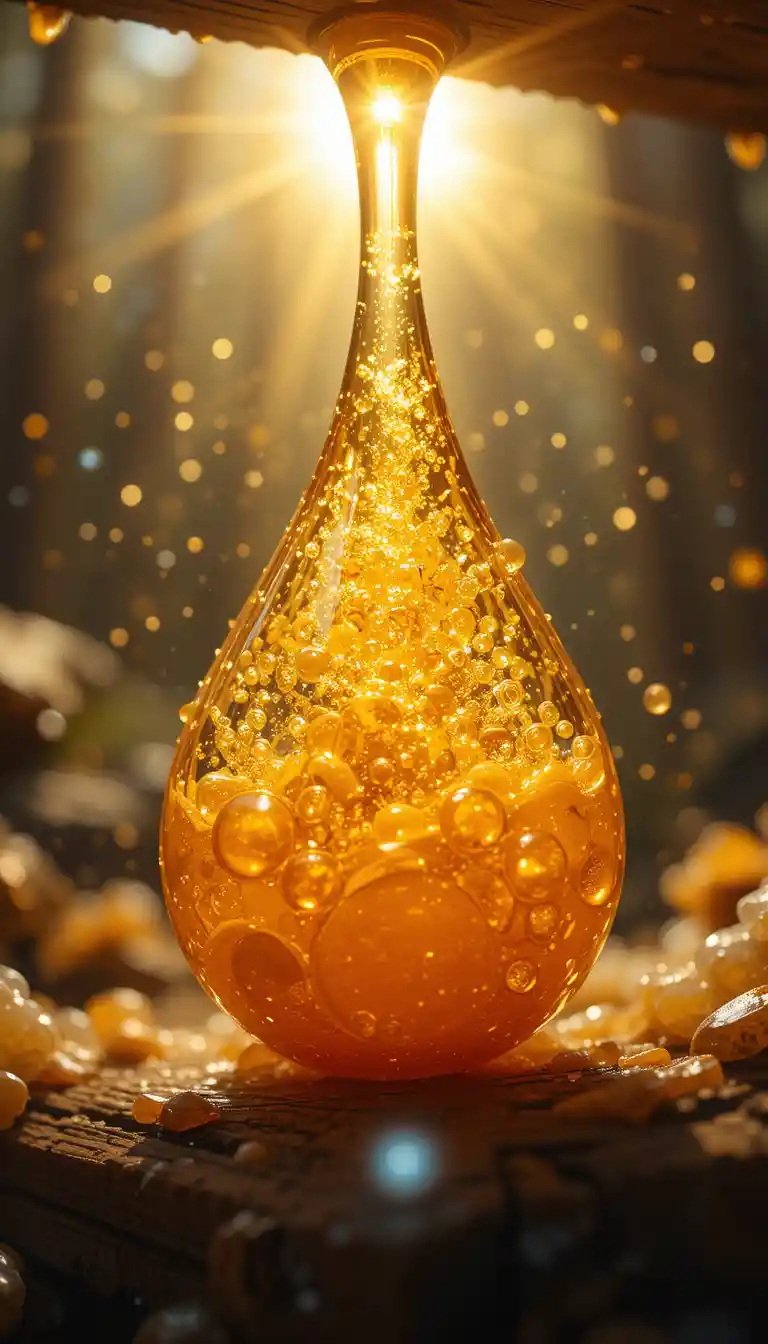 Macro view of a golden honey droplet like a molten sun