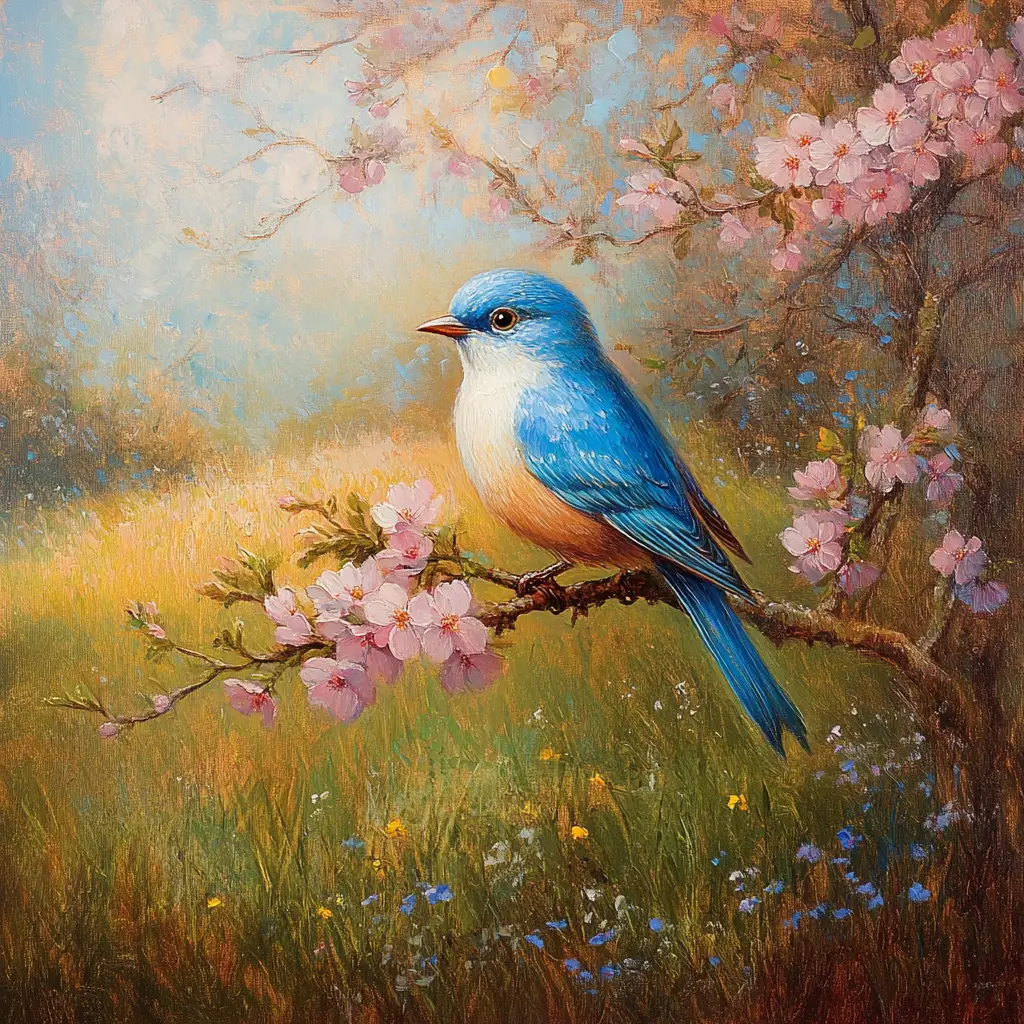Baroque painting of a bluebird on cherry blossoms