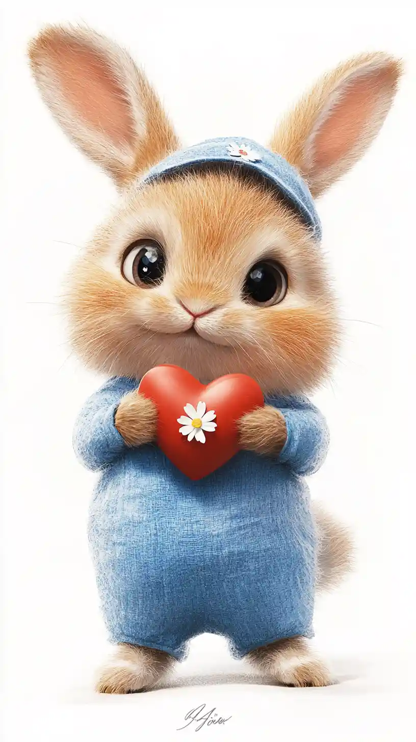 Cute rabbit in blue jumpsuit holding a heart