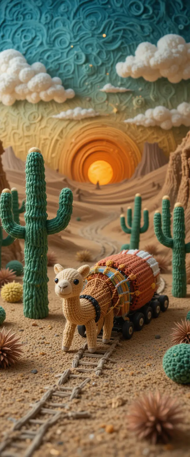 Crochet cactus train in a whimsical yarn desert