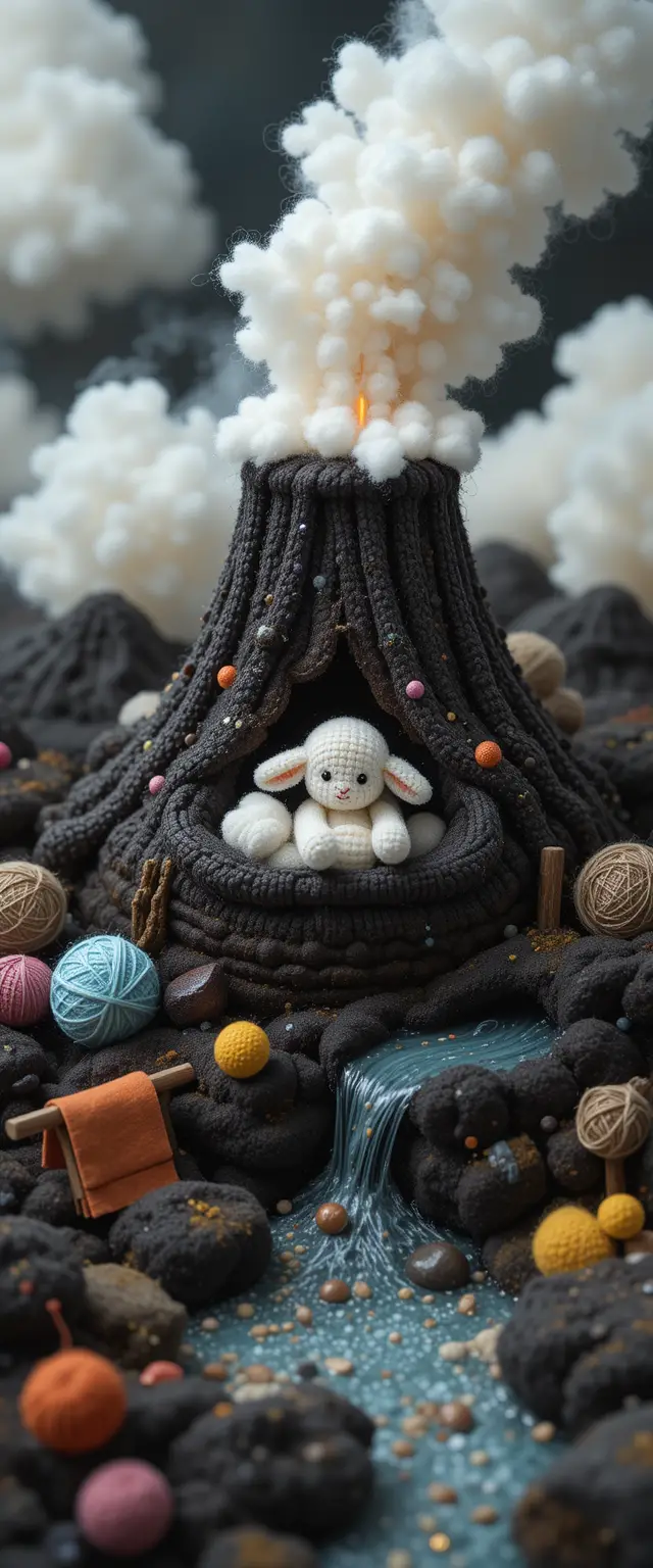 Crochet volcano with sheep relaxing in yarn hot springs