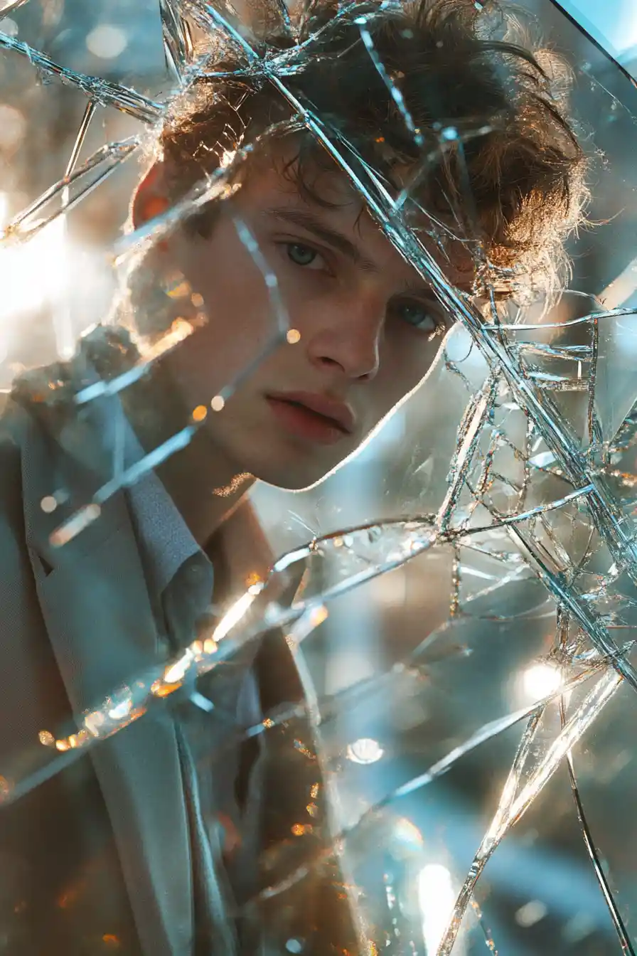 Portrait behind shattered glass with distorted city reflections