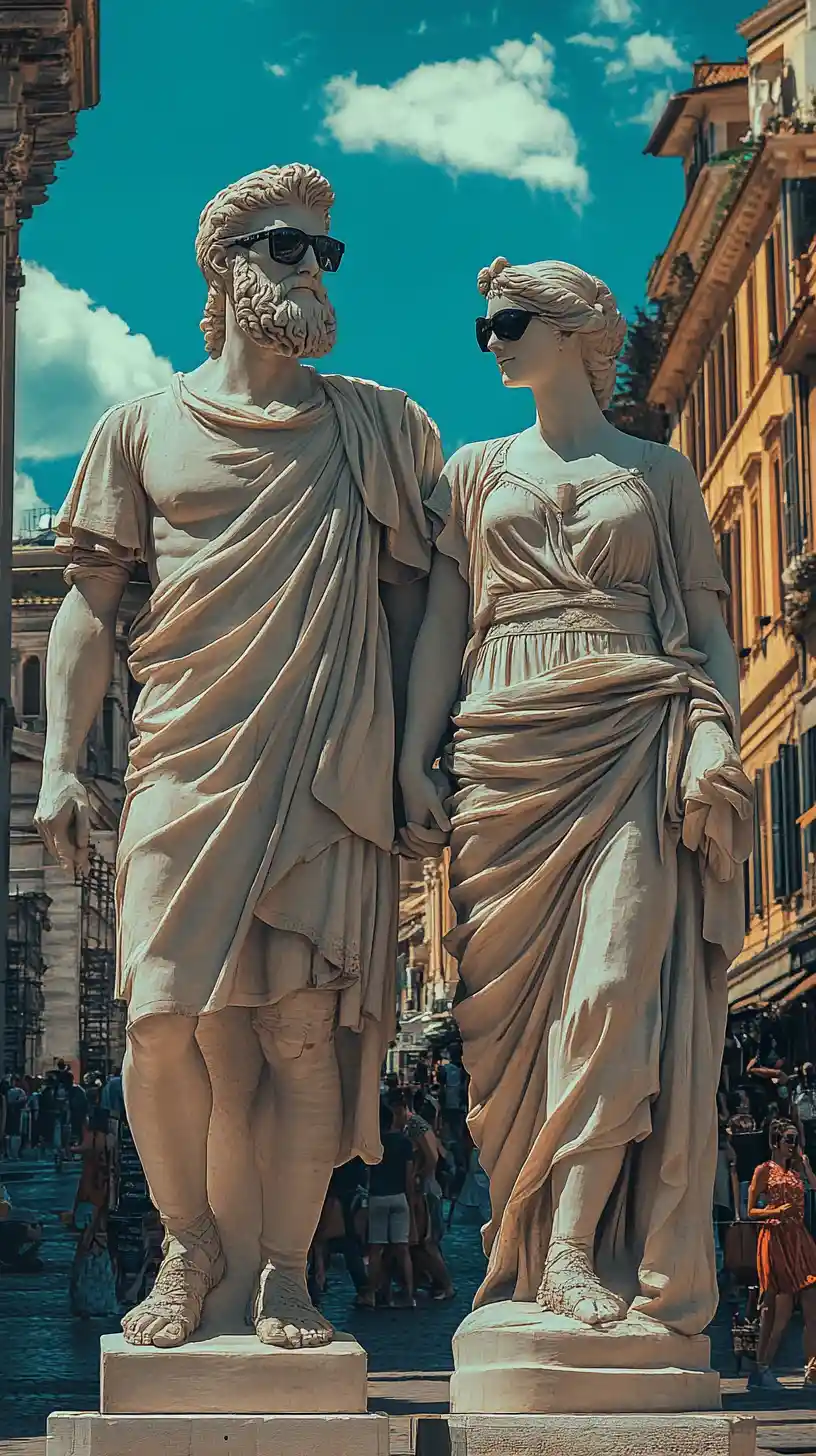Statue iperrealistiche di una coppia che cammina mano nella mano
