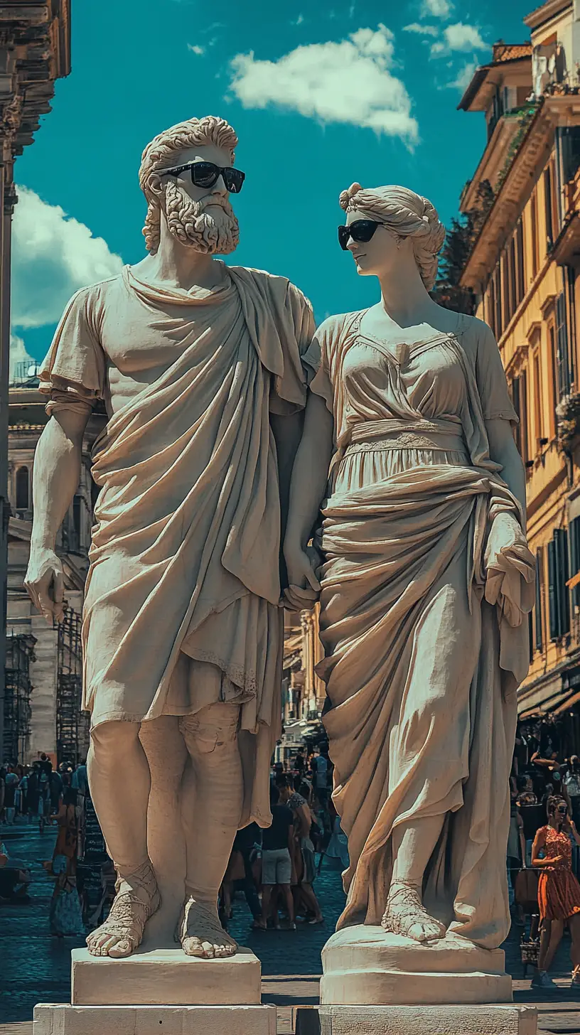 Hyper realistic statues of a couple walking hand in hand