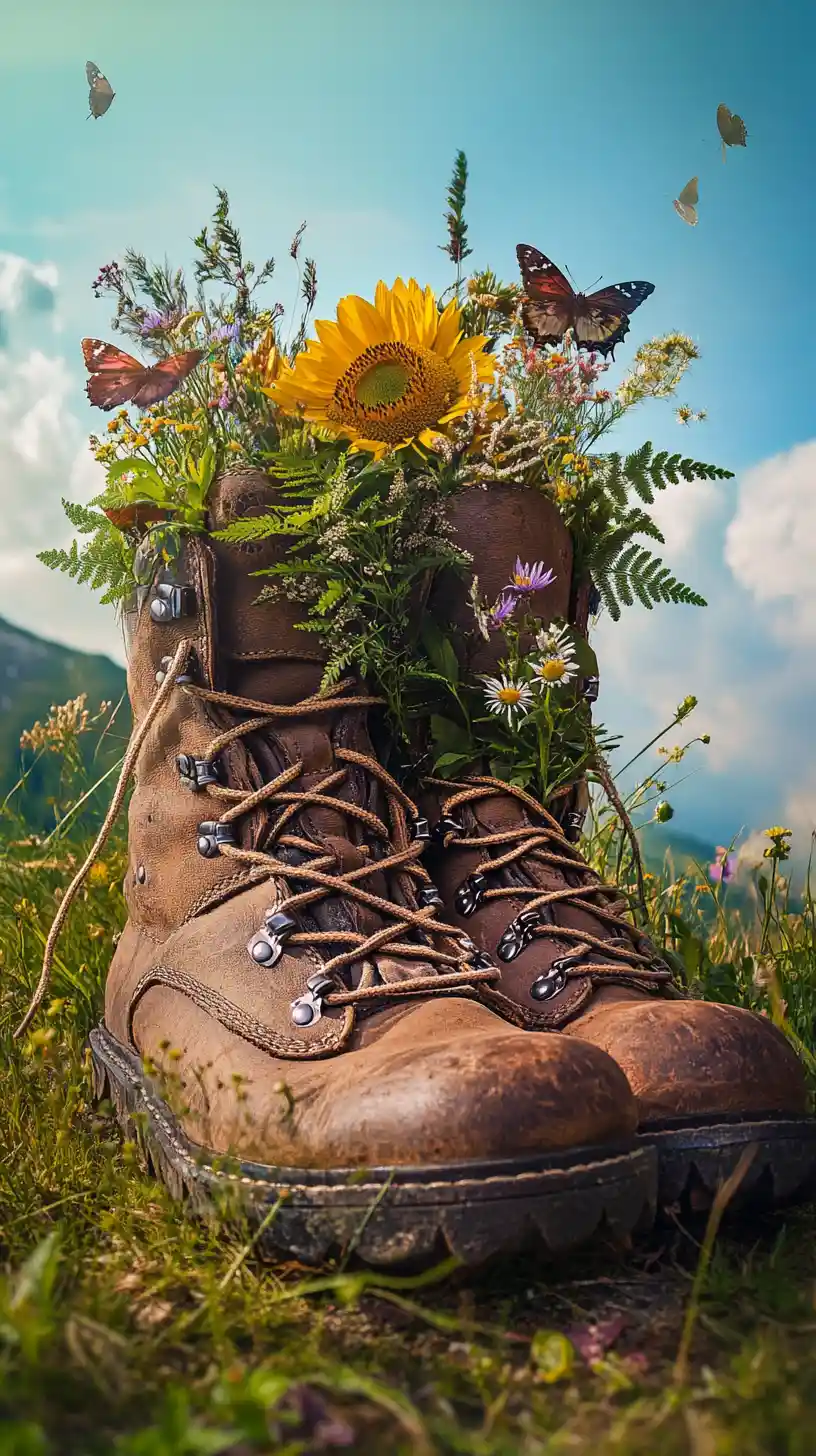 Worn leather hiking boots filled with wild meadow flowers