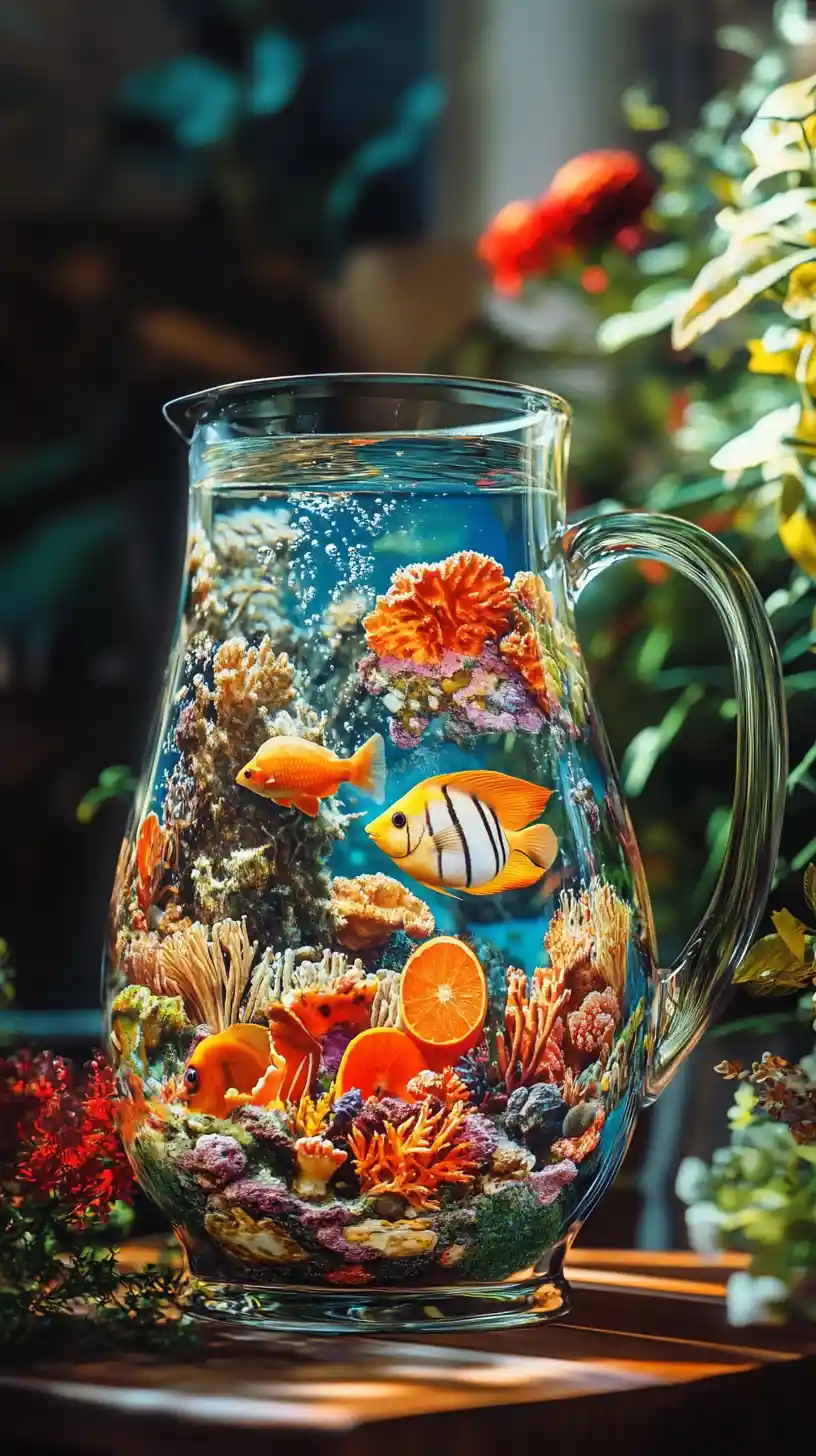 Glass pitcher with underwater scene and citrus slices