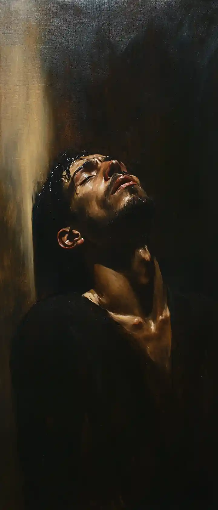Renaissance style oil portrait of a tearful supplicant