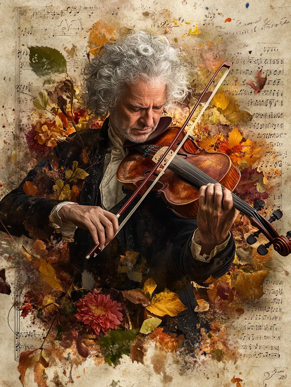 Baroque violinist portrait with swirling autumn leaves