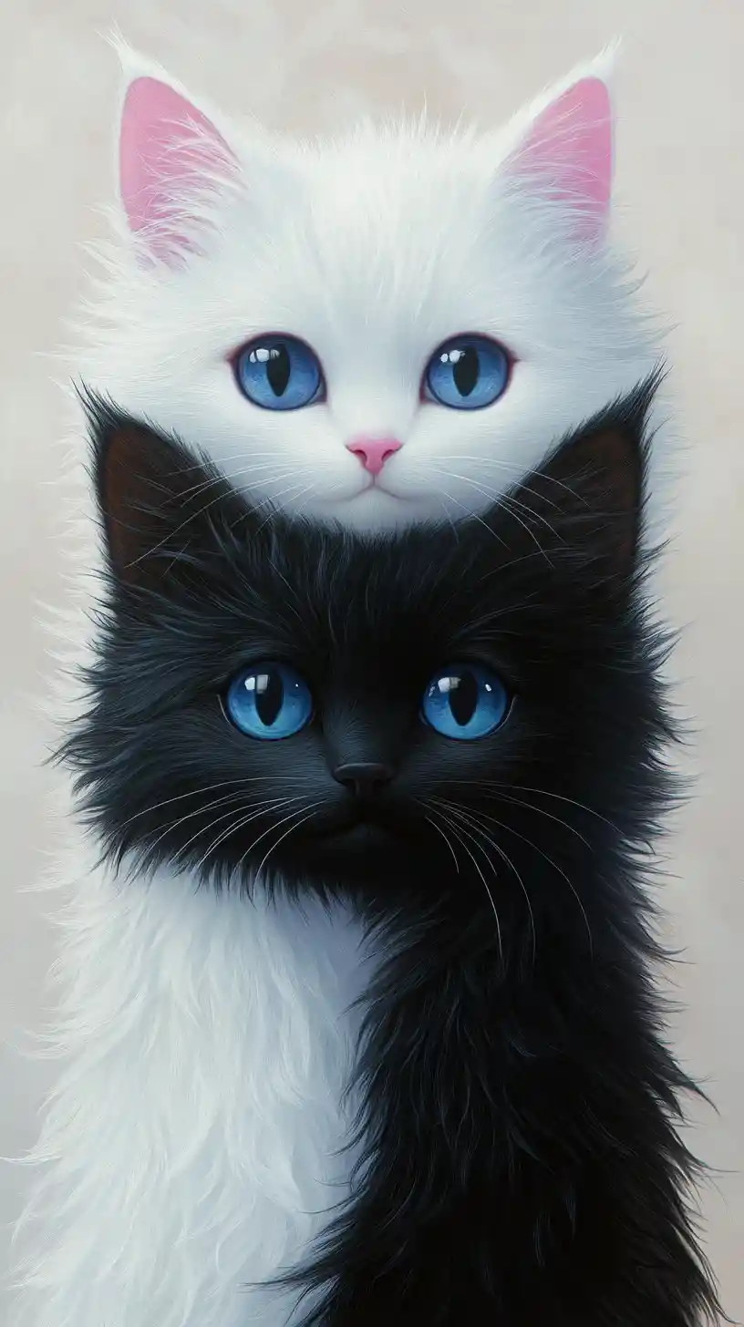 Two fluffy yin yang cats with big blue eyes