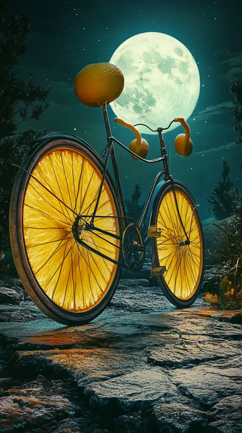 Vintage bicycle with lemon wheels under bright moonlight