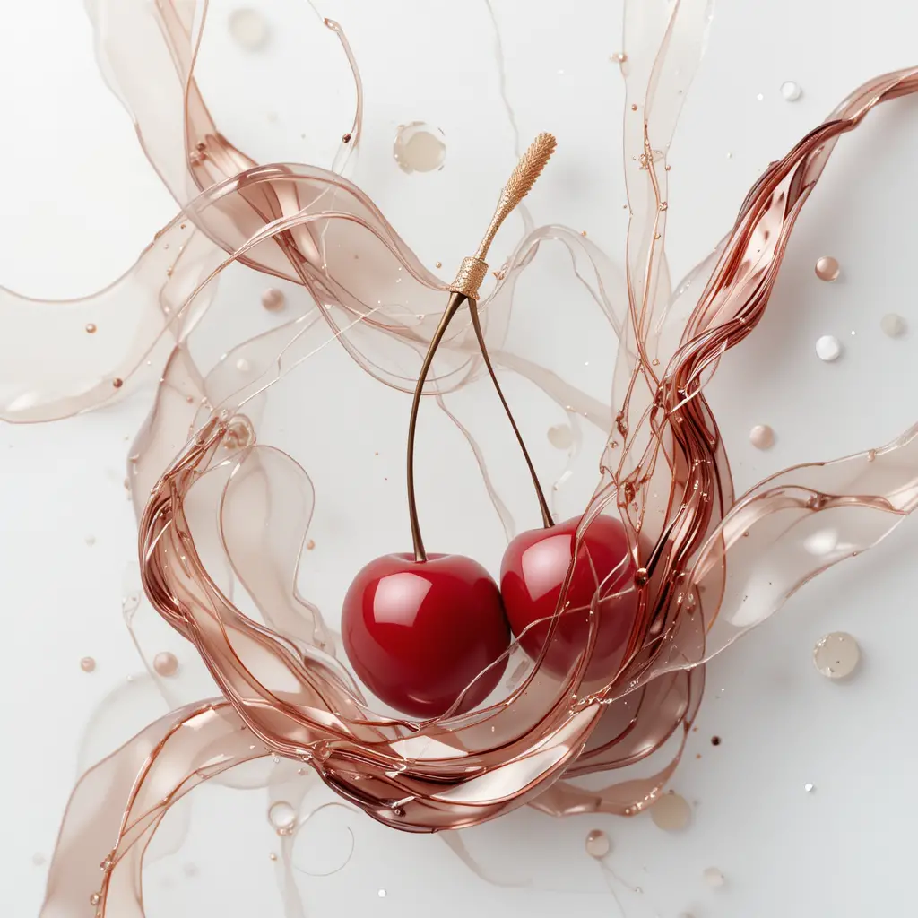 Minimal 3D cherry with gold and crystal on white