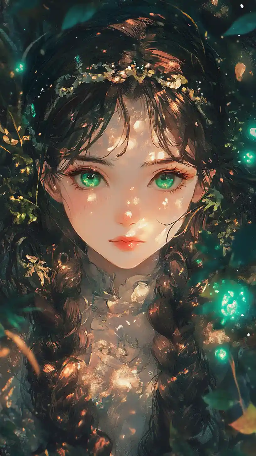Anime girl in glowing fantasy forest with spirits