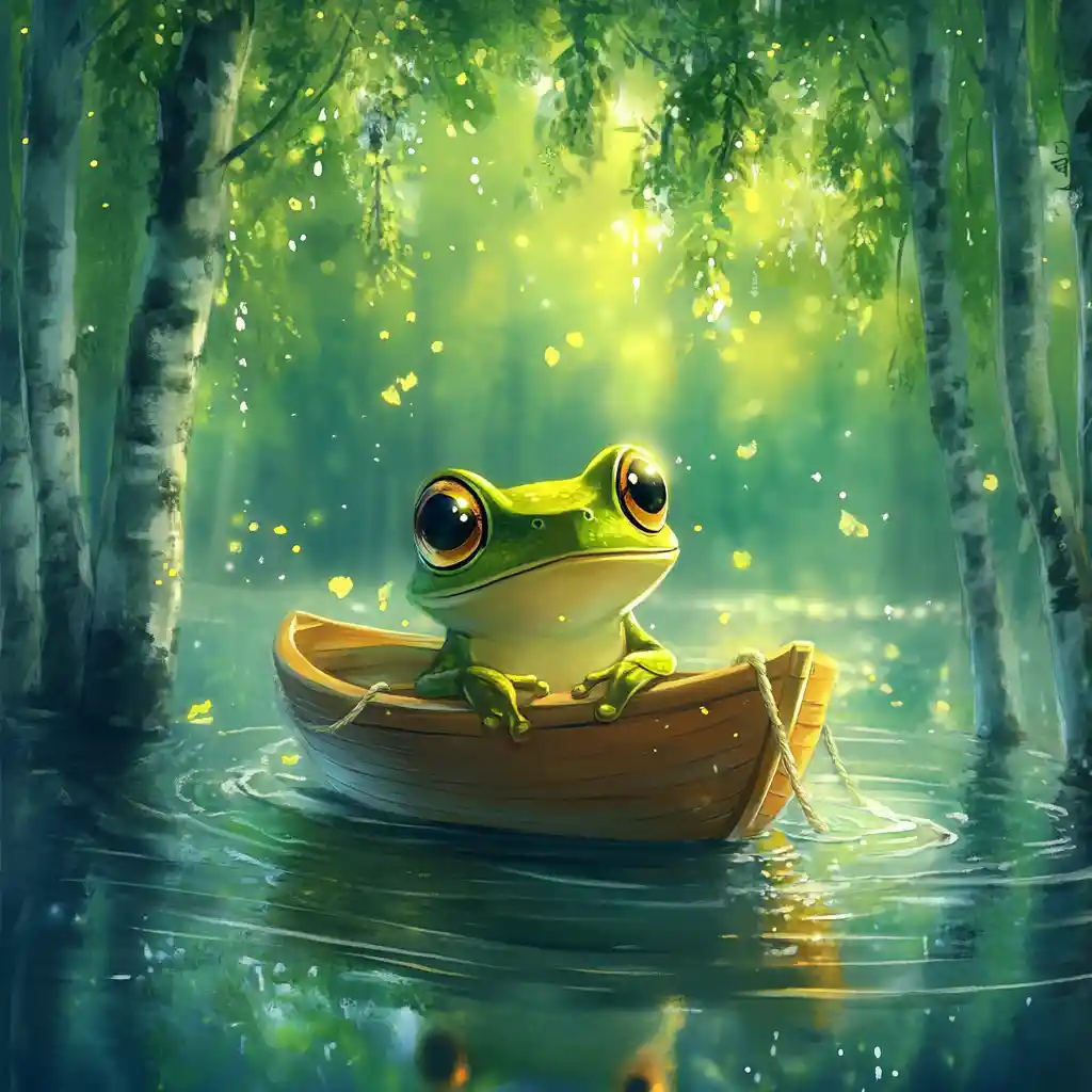 Cute chibi frog in a small boat on a lake