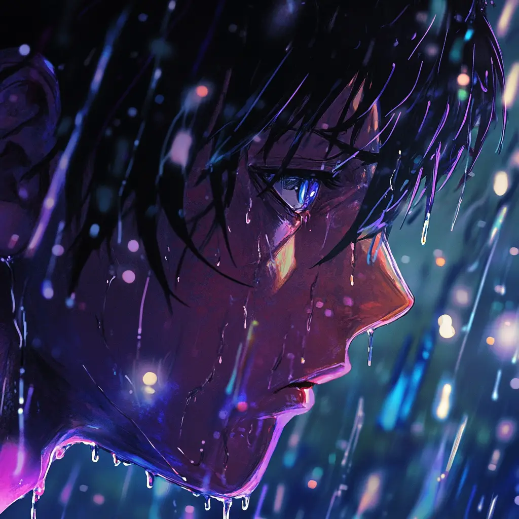 Shocked man in the rain with neon reflections