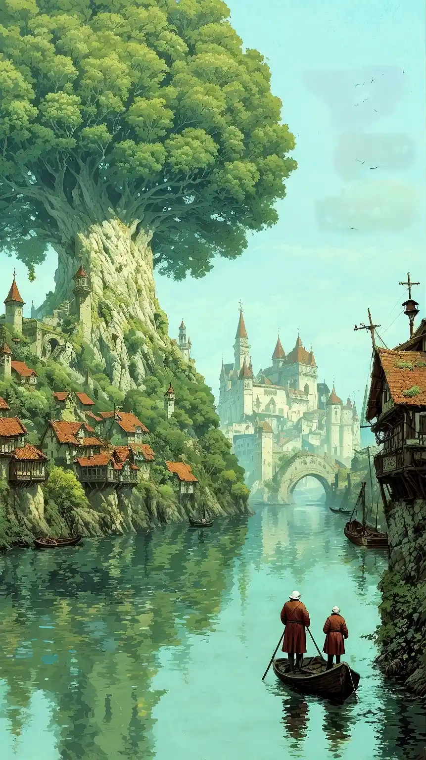 Peaceful riverside village with castle and rowing boat