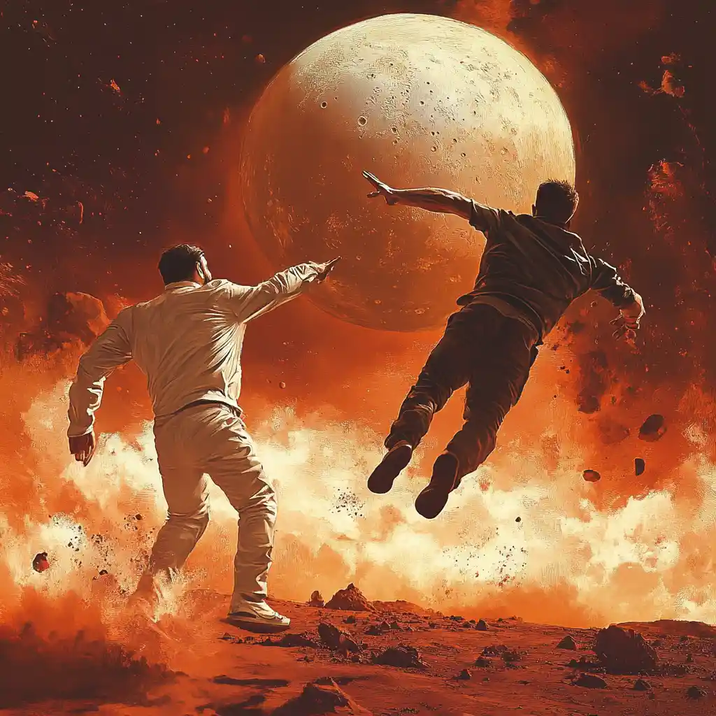 Angry man kicking another man into outer space