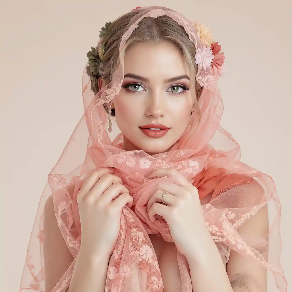 Young blonde woman draped in sheer floral lace