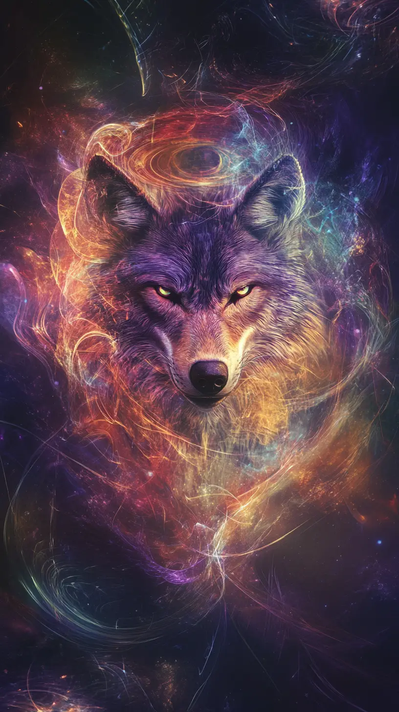Majestic humanoid wolf balanced in swirling abstract light