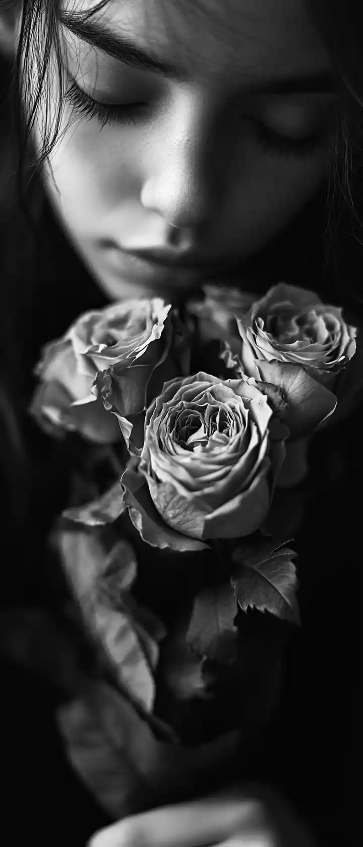 Young person holding wilting roses in black and white