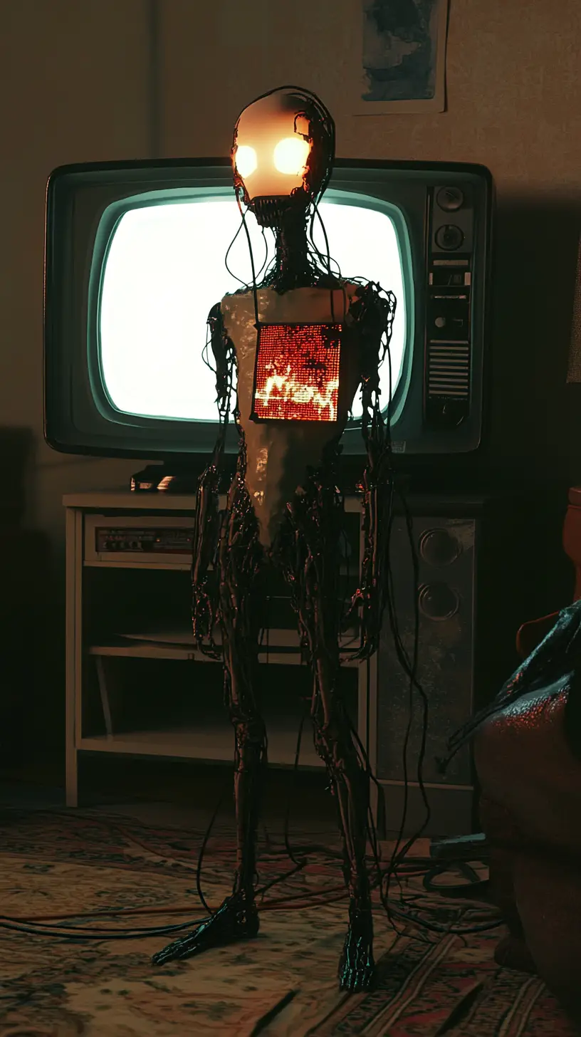 Humanoid figure in dim living room with television glow