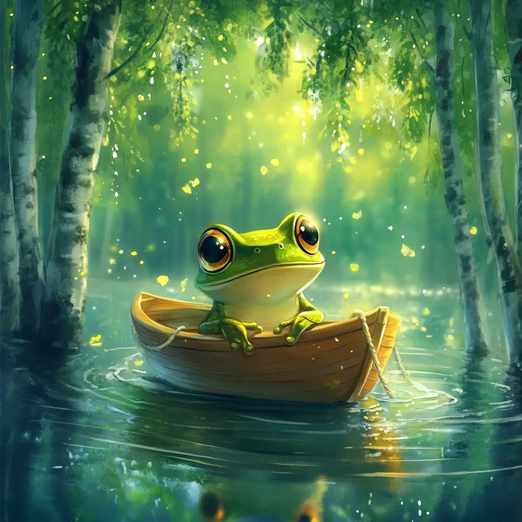 Cute chibi frog in a small boat on a lake
