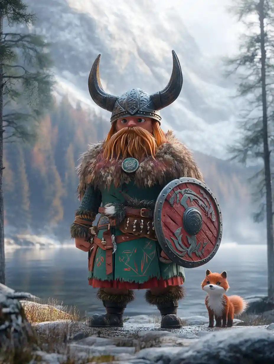 Fantasy viking warrior by a misty nordic fjord