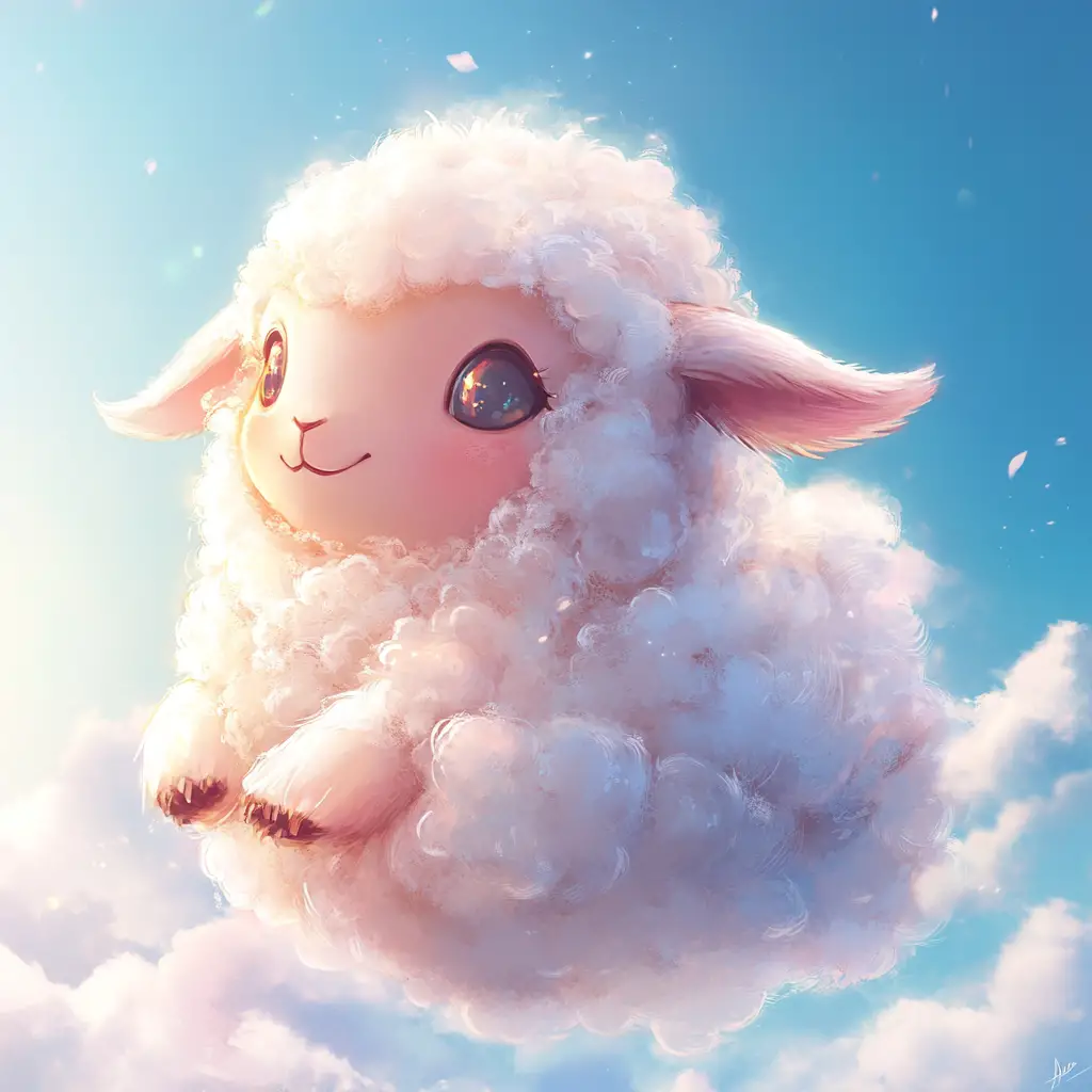 Cute cloud lamb glowing in a clear blue sky