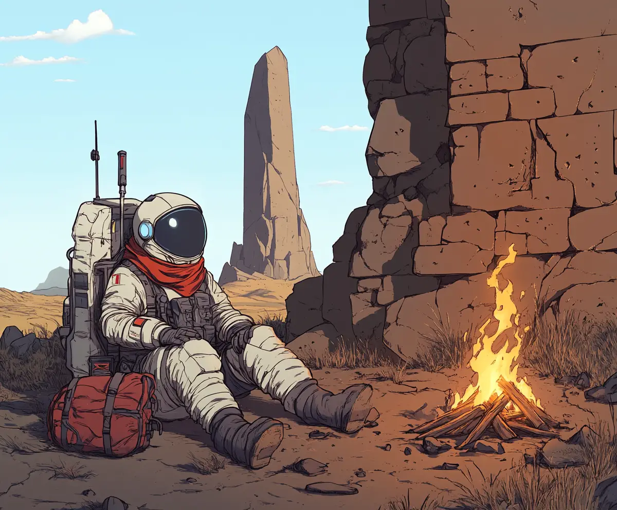 Astronaut Resting By Campfire In Desert Ruins