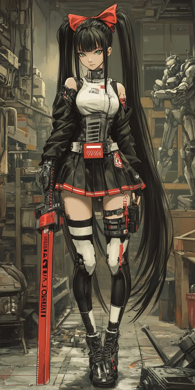 Cyborg anime girl with katana in robot workshop